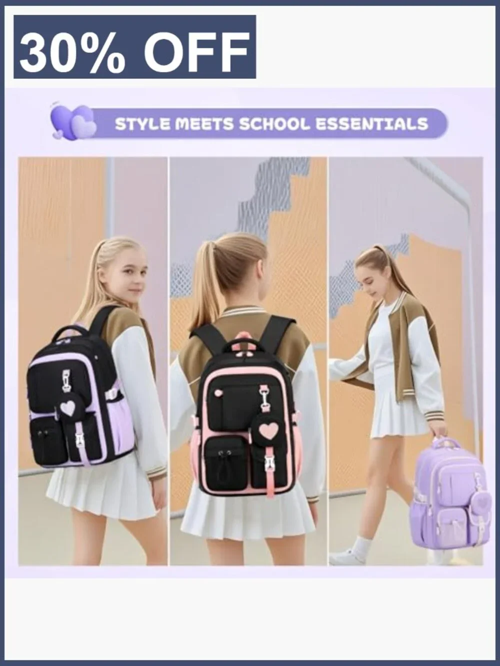 Girls Backpack Lightweight Schoolbag 9 Pockets Water Resistant Daypack